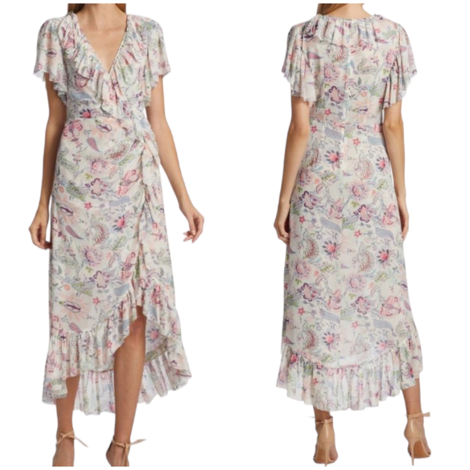 Cinq Sept Nwt Sheilla Floral Ruffle Midi Dress Size 4 Plunging V-Neck Flounce